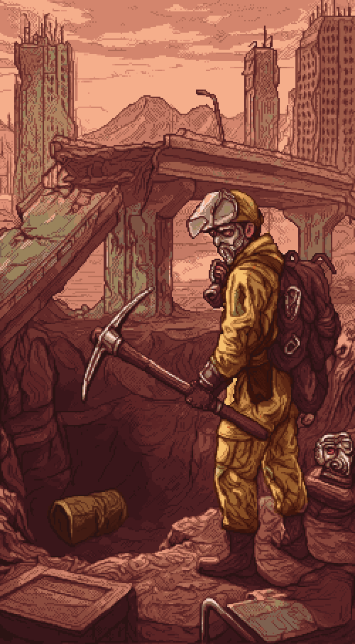 A lone digger in a gas mask, pickaxe in hand, at the edge of a pit beneath a ruined skyline